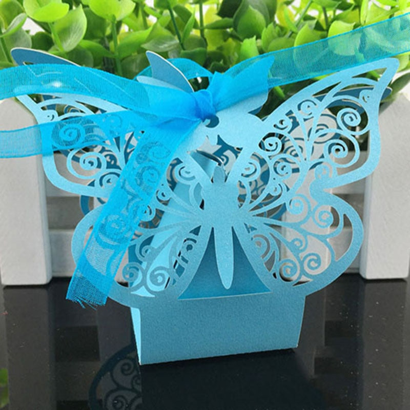 Qfdian 10/50/100pcs Butterfly Laser Cut Hollow Carriage Favors Gifts Box Candy Boxes With Ribbon Baby Shower Wedding Party Supplies