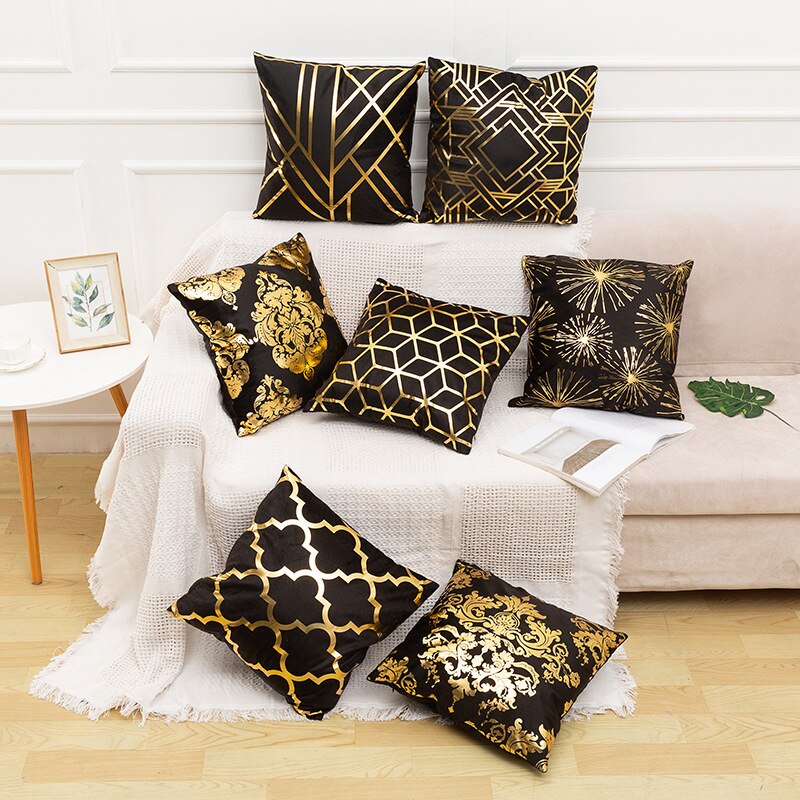 Qfdian Cozy apartment aesthetic valentines day decoration Black Stamping Gold Pillowcase Decorative Sofa Cushion Covers Case Bed Geometric Throw Pillow Cover Home Decor Pillow Case 45cm