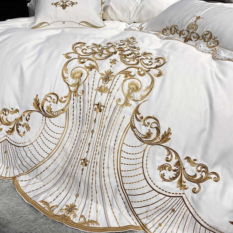 Qfdian Cozy apartment aesthetic hot sale new White Soft Satin Silk Cotton Gold Embroidery European Palace Bedding Set Double Duvet Cover Bed Linen Lace Bed Skirt Pillowcases