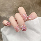 24Pcs false nails with designs cow and Blue Color cut design Fake Nail Shiny Gold Foil  artificial nails with glue for girls
