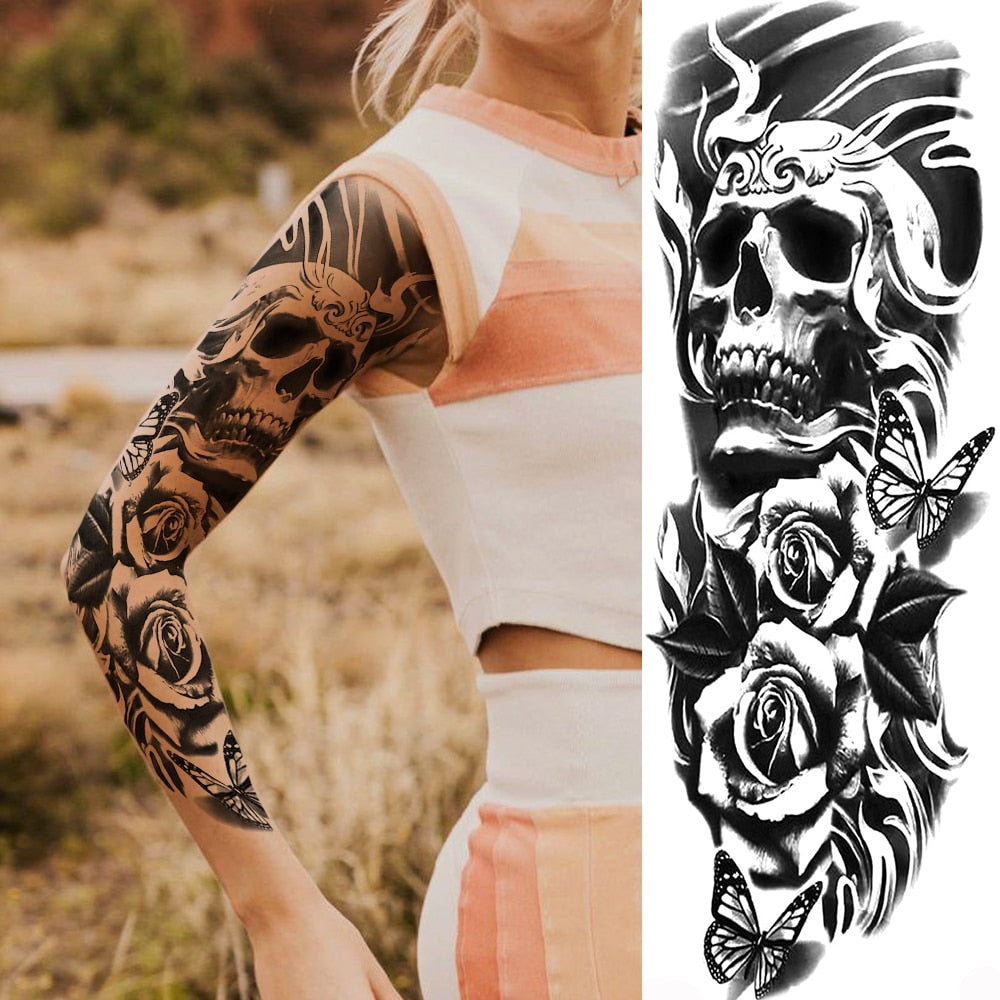 Qfdian gifts for men  Full Arm Evil Eye Temporary Tattoo Sticker For Men Women Realistic Skull Rose Flower Tatoos Body Art 3D Waterproof Fake Tattoos