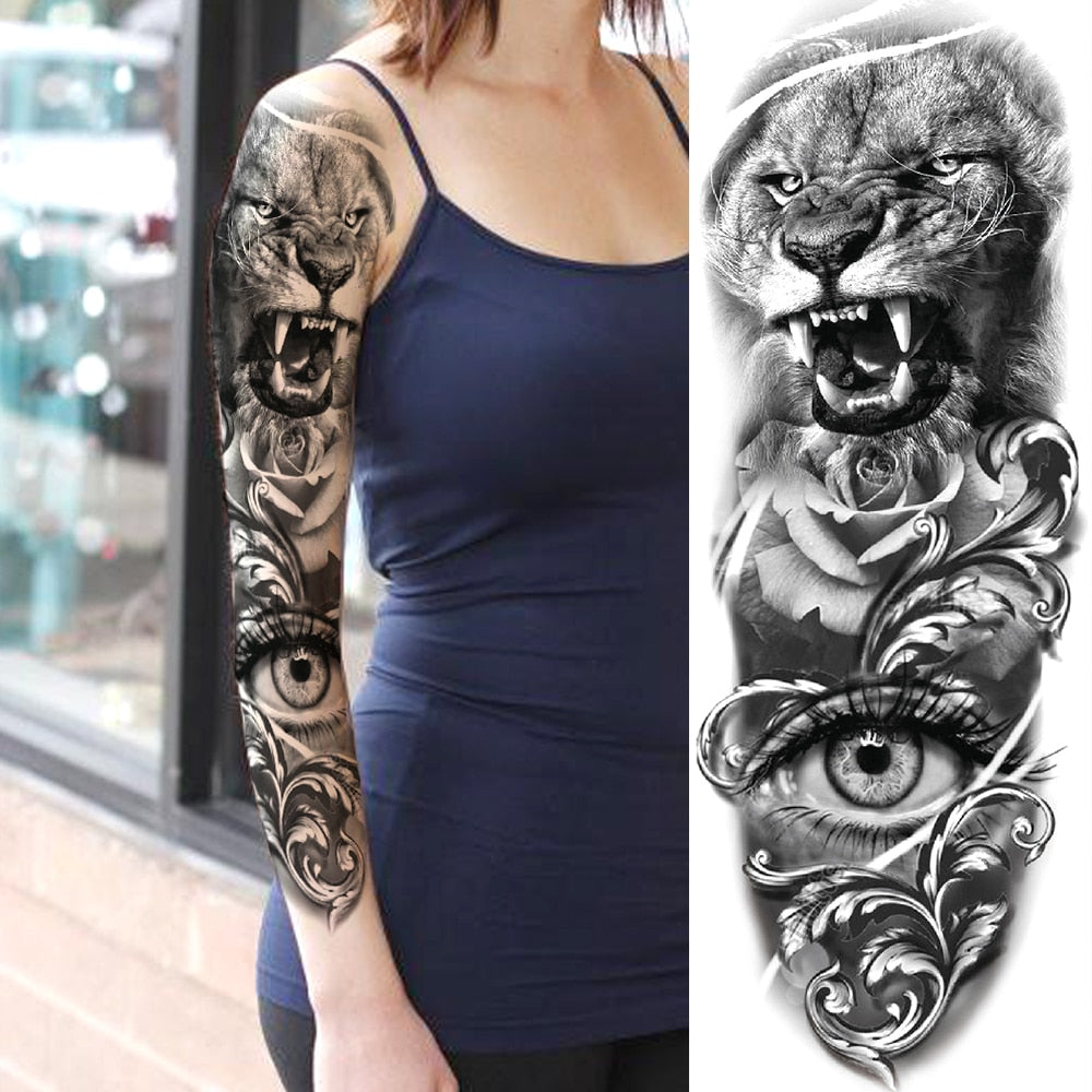 Qfdian gifts for men  Full Arm Evil Eye Temporary Tattoo Sticker For Men Women Realistic Skull Rose Flower Tatoos Body Art 3D Waterproof Fake Tattoos