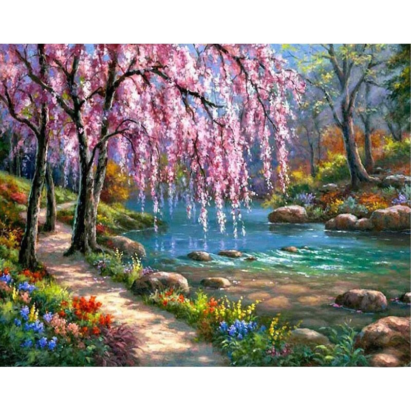 Qfdian Scenery DIY 5D Diamond Painting Full Round Resin Mosaic Landscape Diamond Embroidery Picture Rhinestone Home Decor Gift