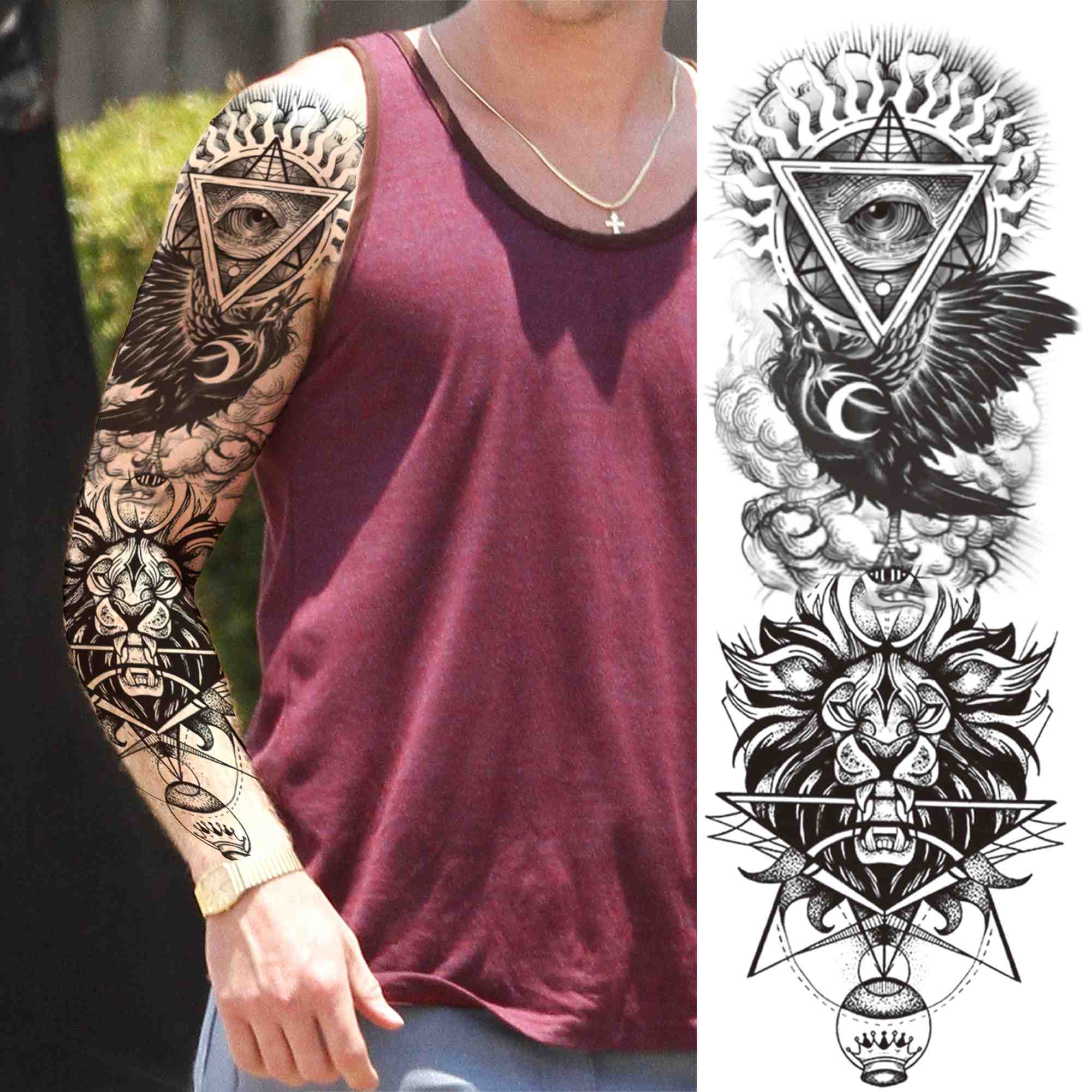 Qfdian gifts for men  Full Arm Evil Eye Temporary Tattoo Sticker For Men Women Realistic Skull Rose Flower Tatoos Body Art 3D Waterproof Fake Tattoos