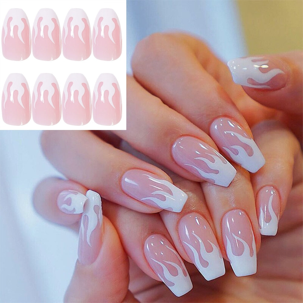 Qfdian gifts for women hot sale new 24PCS Fake Nails With Glue Rhinestones Long Coffin Flame Press on Nails Detachable French Stick on Nails Art DIY faux ongles