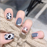24Pcs false nails with designs cow and Blue Color cut design Fake Nail Shiny Gold Foil  artificial nails with glue for girls
