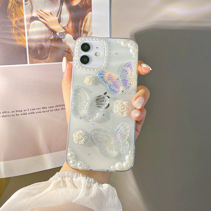 Qfdian iphone 13 pro max case Sweet Three-dimensional Butterfly White Rose Pearl Fashion Phone Case For iphone 11 12 13 Mini Pro Max XS XR SE 8 7 Plus Cover