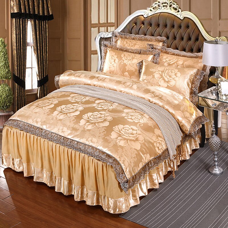 Qfdian Cozy apartment aesthetic hot sale new Brown Lace Bed Skirt Design Bedding Sets King Queen Size Wedding Bed Set Jacquard Duvet Cover Bedlinen Bedspread Home Textile