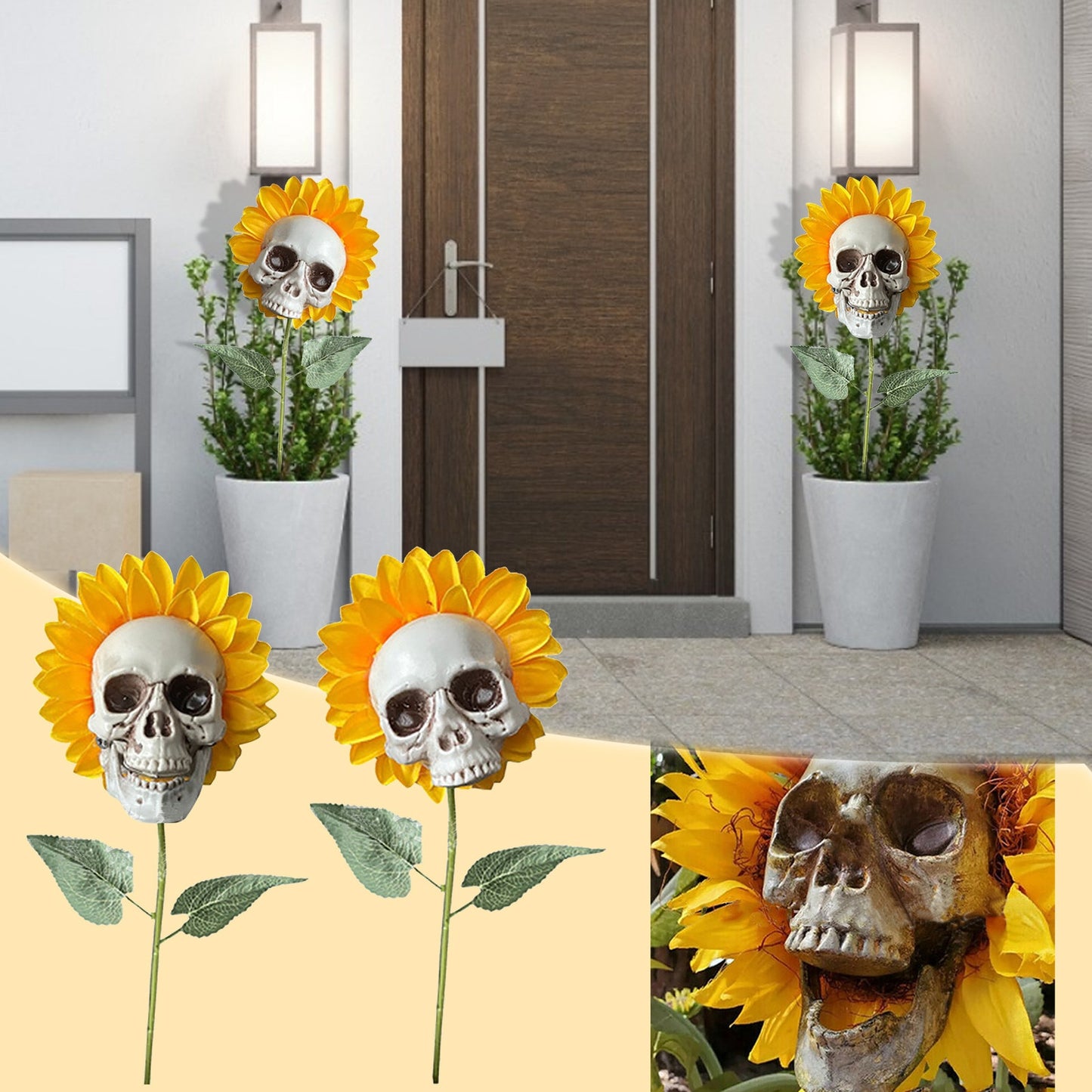 Qfdian New Garden Decoration Skull Head Sunflower Statues Outdoor Creative Garden Ornament Party Garden Skull Sunflower Decoration