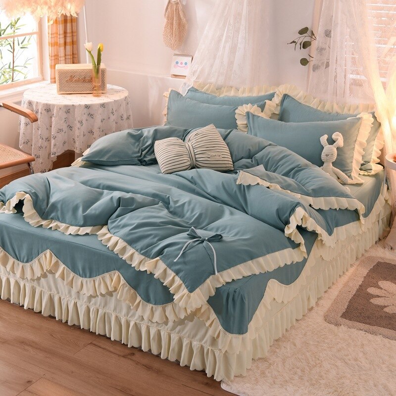 Qfdian Cozy apartment aesthetic hot sale new Lace Bed Skirt 4pcs Bedding Set Luxury Soft Bed Sheet Set Covers Solid Color Princess Style Home Textile Full Queen King Size