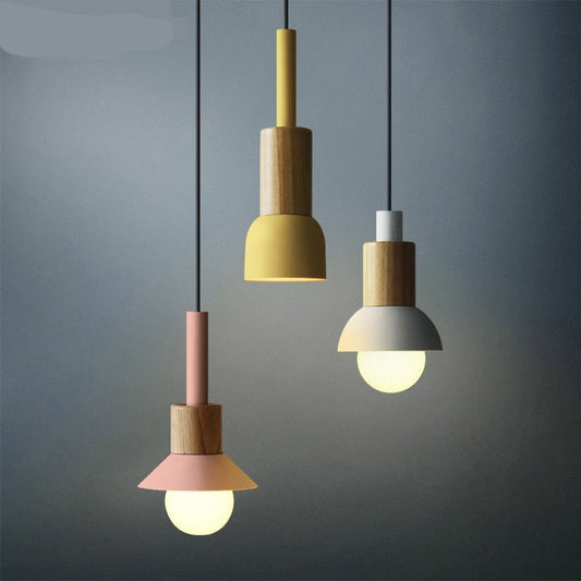 Qfdian home decor hot sale new Iron Wood Macaron Pendant Lamp Pink Green Yellow Hotel Restaurant Sitting Dining Room Bedroom Nordic Hanging Suspension Lighting