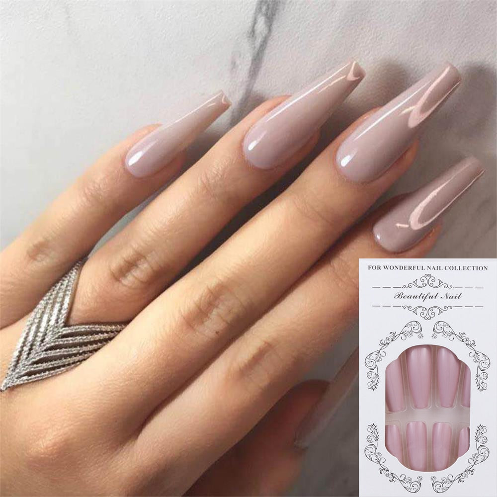 Qfdian gifts for women hot sale new 24PCS Fake Nails With Glue Rhinestones Long Coffin Flame Press on Nails Detachable French Stick on Nails Art DIY faux ongles