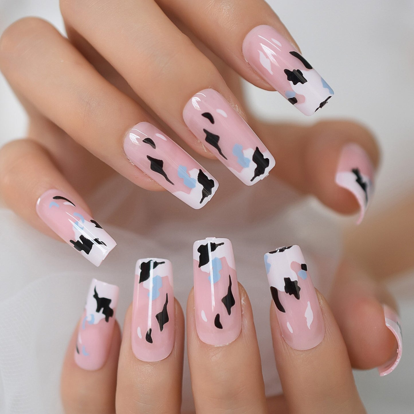 QFDIAN Matt Black Fake Nails Visible Trails of Planets Faux Ongle Square Press On Finger Manicure with Adhesive Tabs 24