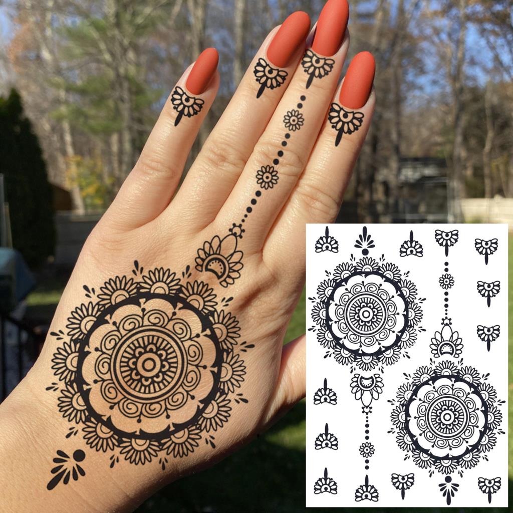 Black Henna Lace Temporary Tattoos Sticker For WOmen Butterfly Moth Mehndi Flower Fake Tatoo Sticker Feather Flora Tatoo