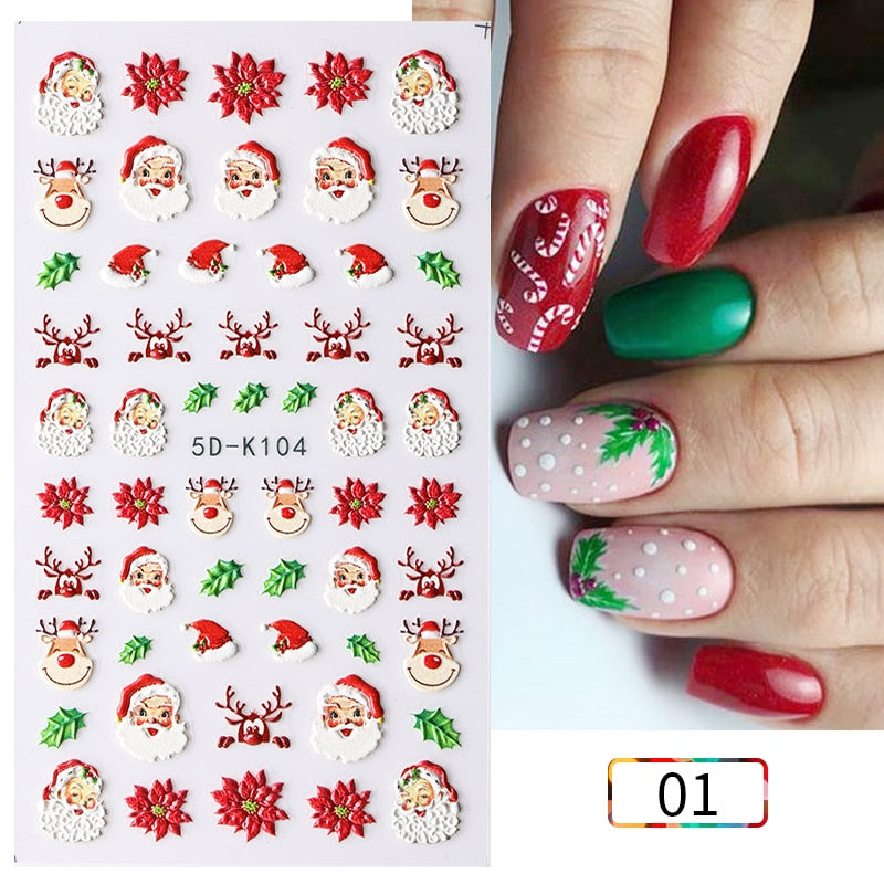 Qfdian christmas decor ideas nightmare before christmas 1PC 5D Nail Stickers Winter Santa Claus Self-Adhesive Slider Nail Art Decorations Christmas Snow Decals Manicure Accessories