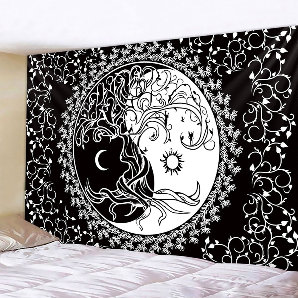 Black and white moon Mandala tapestry Bohemian decoration wall hanging bedroom psychedelic scene starlight art home decoration