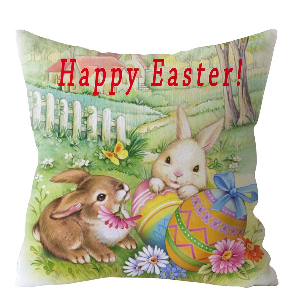 Qfdian easter decorations clearance Happy Easter Cushion Cover Bunny Eggs Decorative Pillow Cover Easter Rabbit Print Pillow Case Sofa Car Cushion Cover Home Decor