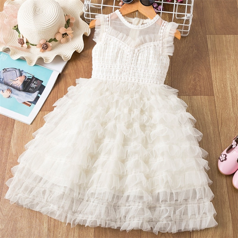 QFDIAN Summer Teens Girl Dresses For Child Floral Short Sleeve Gowns Children Dresses Lace Party Dress Vestido Infantil 3 to 8 Years