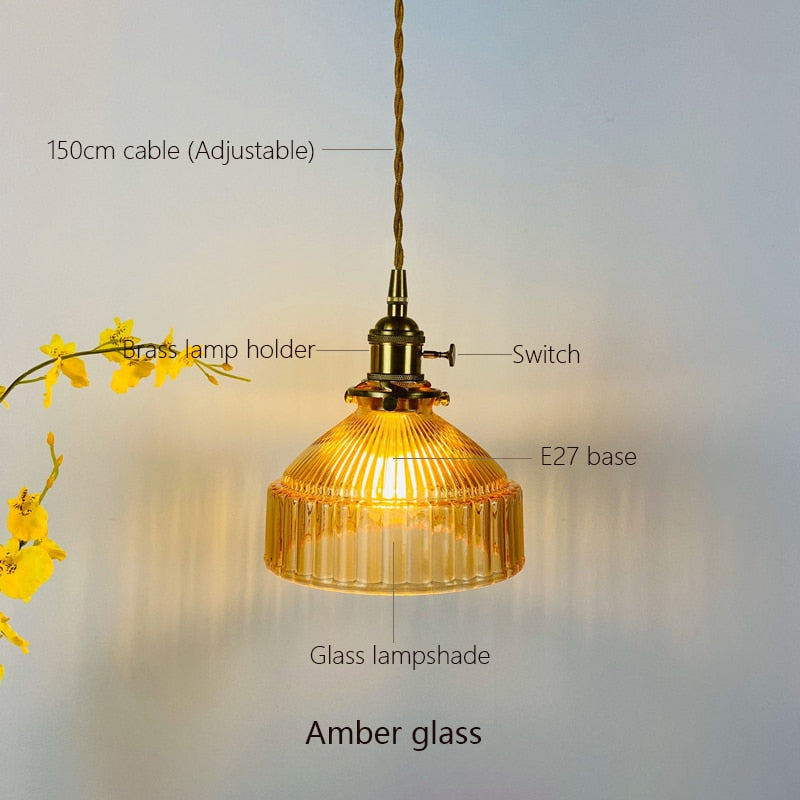 Qfdian home decor hot sale new Japanese Indoor Pendant Lights Glass Luminaria Decoration Modern Brass Led Hanging Lamp for Bedroom Kitchen E27 Bulb Amber Gray