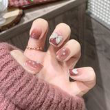 24Pcs false nails with designs cow and Blue Color cut design Fake Nail Shiny Gold Foil  artificial nails with glue for girls