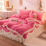 Qfdian Cozy apartment aesthetic hot sale new Lace Bed Skirt 4pcs Bedding Set Luxury Soft Bed Sheet Set Covers Solid Color Princess Style Home Textile Full Queen King Size