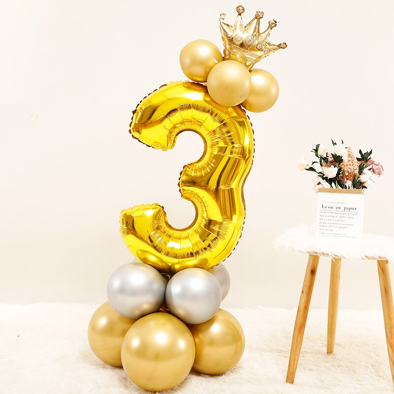 Qfdian Party decoration 17pcs Gold Number Crown Foil Balloon Silver Metallic Latex Balloons Kids Birthday Party Decorations Baby Shower Anniversaire