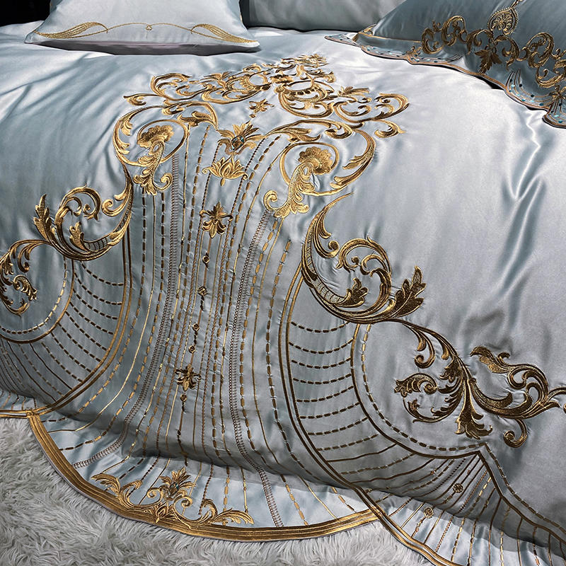 Qfdian Cozy apartment aesthetic hot sale new White Soft Satin Silk Cotton Gold Embroidery European Palace Bedding Set Double Duvet Cover Bed Linen Lace Bed Skirt Pillowcases