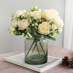 Qfdian  Christmas Silk Peony Artificial Flowers Rose Wedding Home DIY Decor High Quality Big Bouquet Foam Accessories Craft White Fake Flower