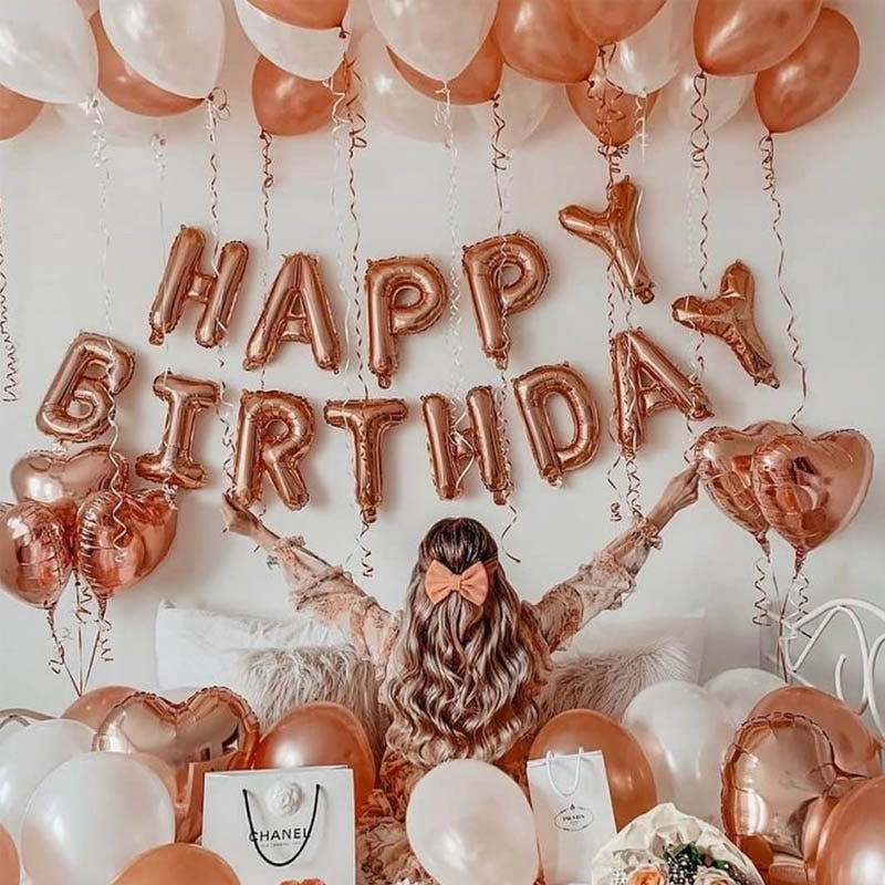 Qfdian Party gifts Party decoration hot sale new  hot sale new Rose Gold Themed Birthday Party Decorations Champagne Bottle Birthday Number Heart Foil Balloons Adult Party Air Helium Globos