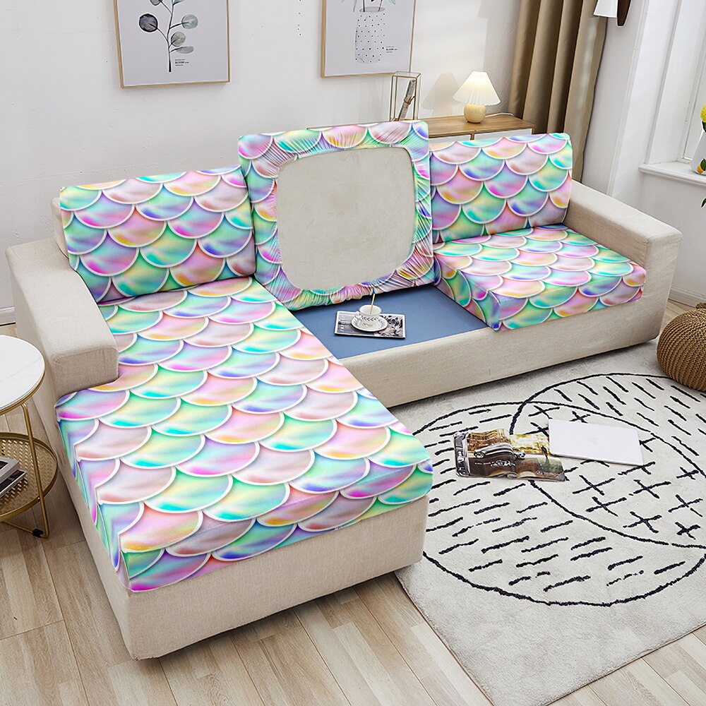 Qfdian Party decoration Sofa Seat Cover Mermaid Scales Printed Sofa Cushion Cover For Living Room Corner Sofa Slipcover Elastic Couch Cover 1-4 Seater