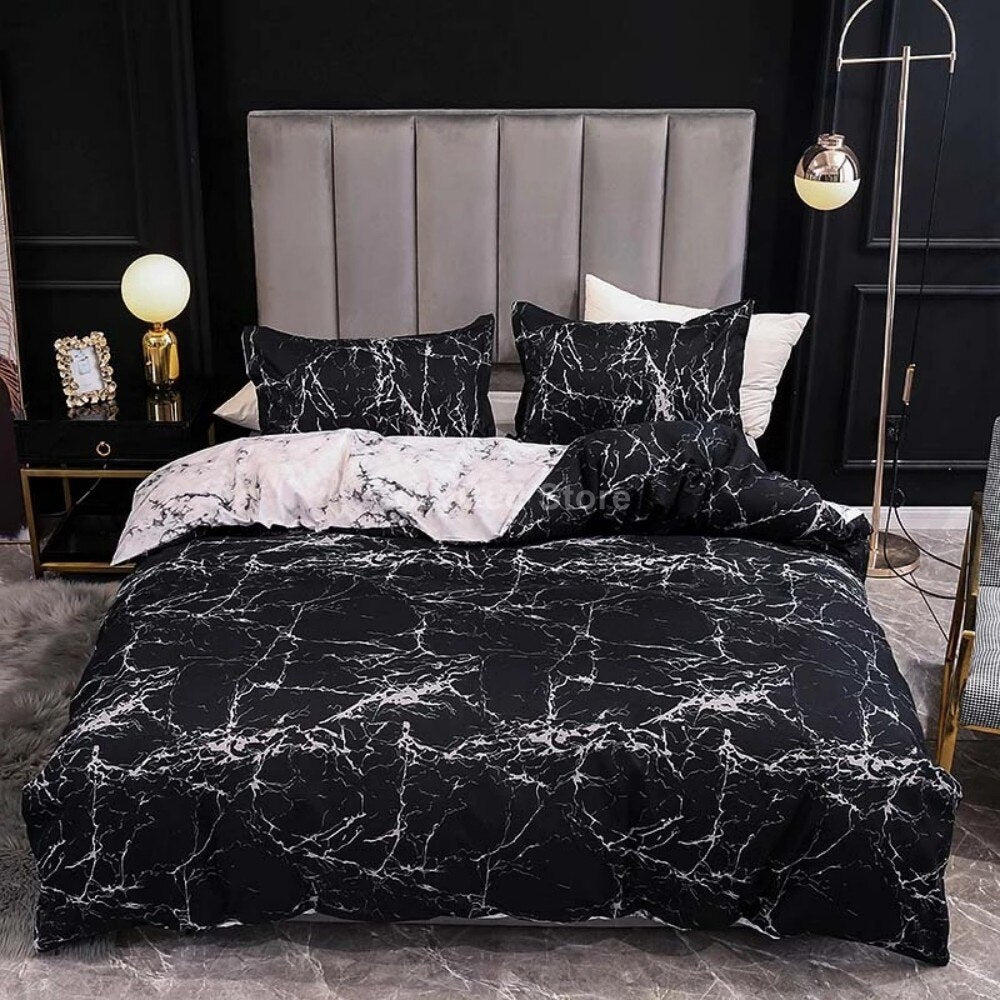 Nordic White Marble Pattern Printed Duvet Cover Set 200 x 200 With Pillowcase 2/3pcs Bedclothes Double Queen King Size Bed Linen