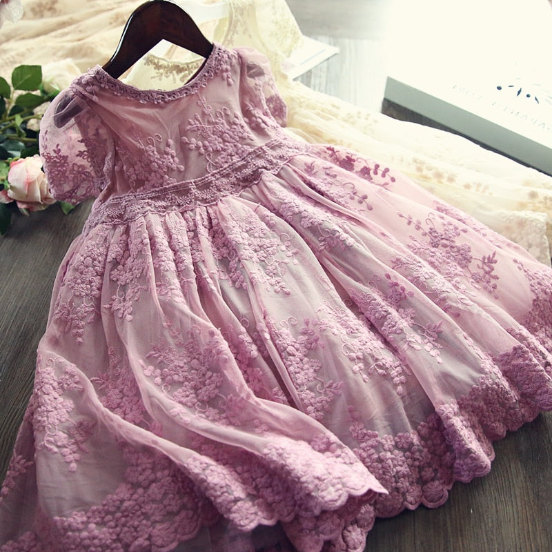 QFDIAN Summer Teens Girl Dresses For Child Floral Short Sleeve Gowns Children Dresses Lace Party Dress Vestido Infantil 3 to 8 Years