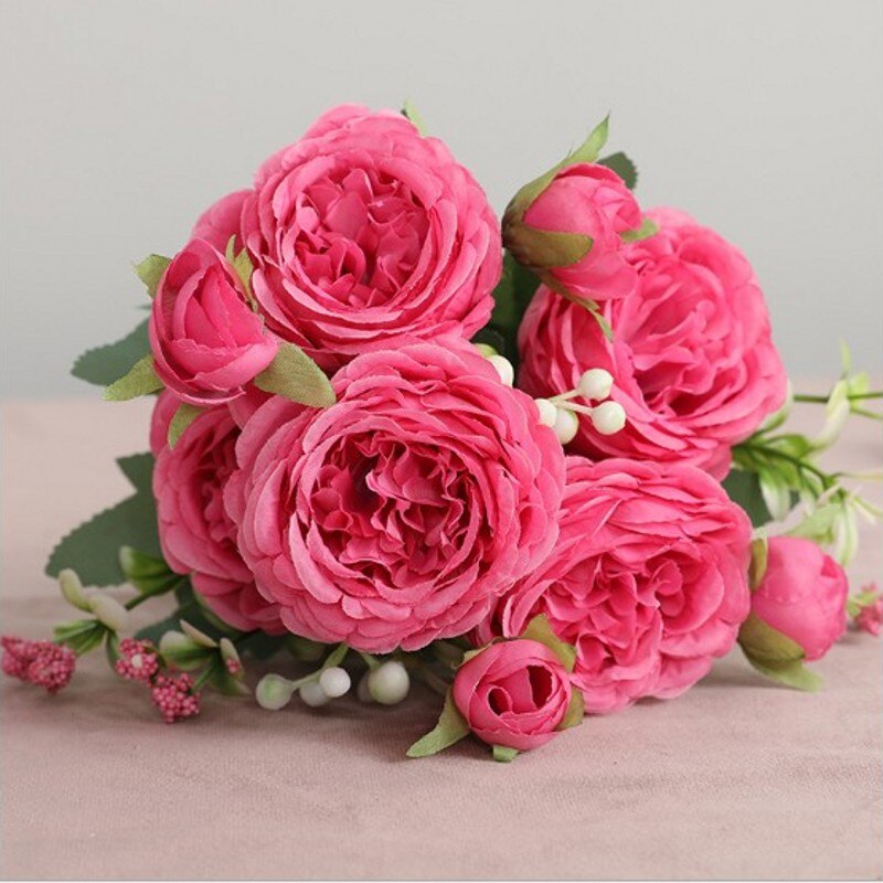 Qfdian  Christmas Silk Peony Artificial Flowers Rose Wedding Home DIY Decor High Quality Big Bouquet Foam Accessories Craft White Fake Flower