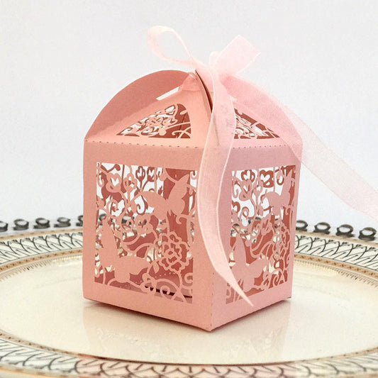 Qfdian Party decoration hot sale new 10pcs Laser Cut Hollow Butterfly Carriage Favor Gifts Candy Boxes With Ribbon Custom Baby Shower Wedding Party Favor Decorations