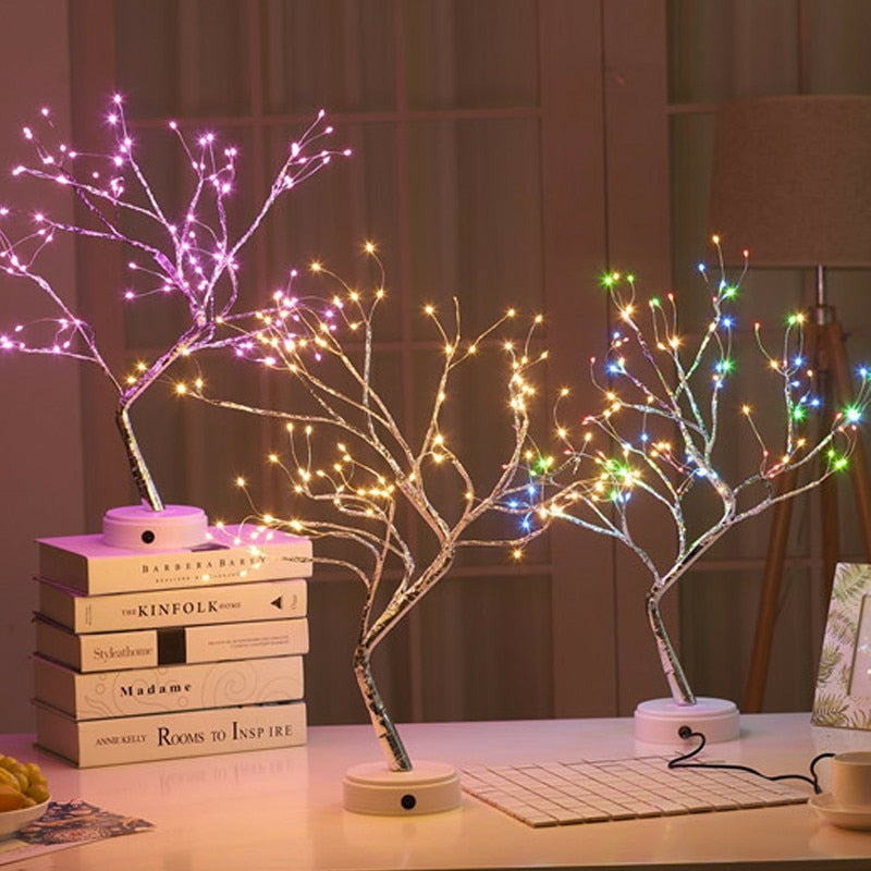 qfdian 108 LED USB Table Lamp Copper Wire Christmas Fire Tree Night Light Table Lamp Home Children's Bedroom Christmas Decoration