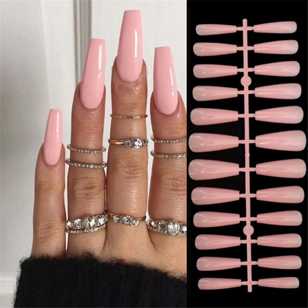 Qfdian nail kit with everything hot sale new 24Pcs Almond Round Wavy False Nails Stiletto Fake Nails Full Cover French Ballerina Nail Tips Press On Nails With Press Glue