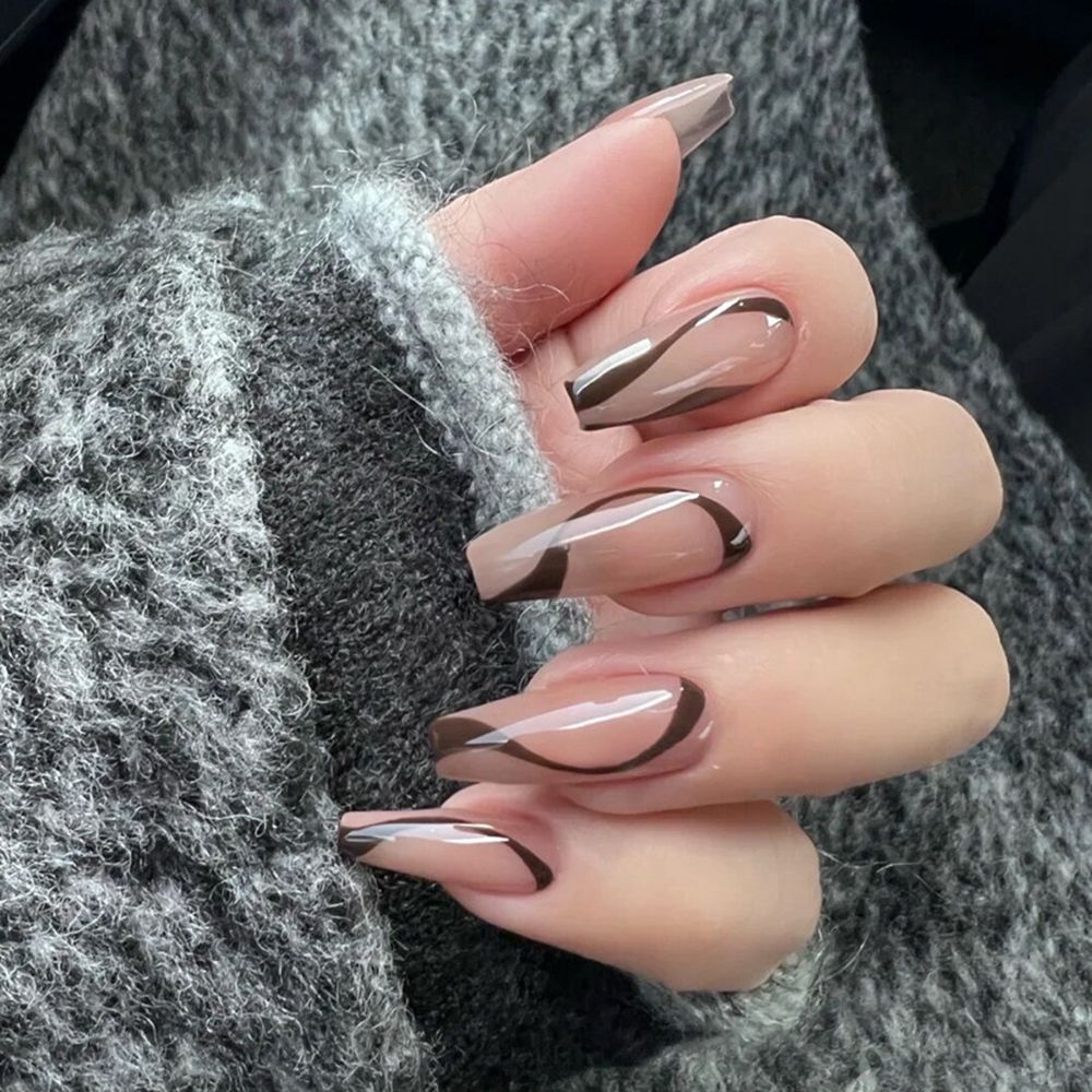 QFDIAN 24Pcs Long Coffin False Nails Black White Cool Girl Artificial Ballerina Fake Nails With Glue Full Cover Nail Tips Press On Nail