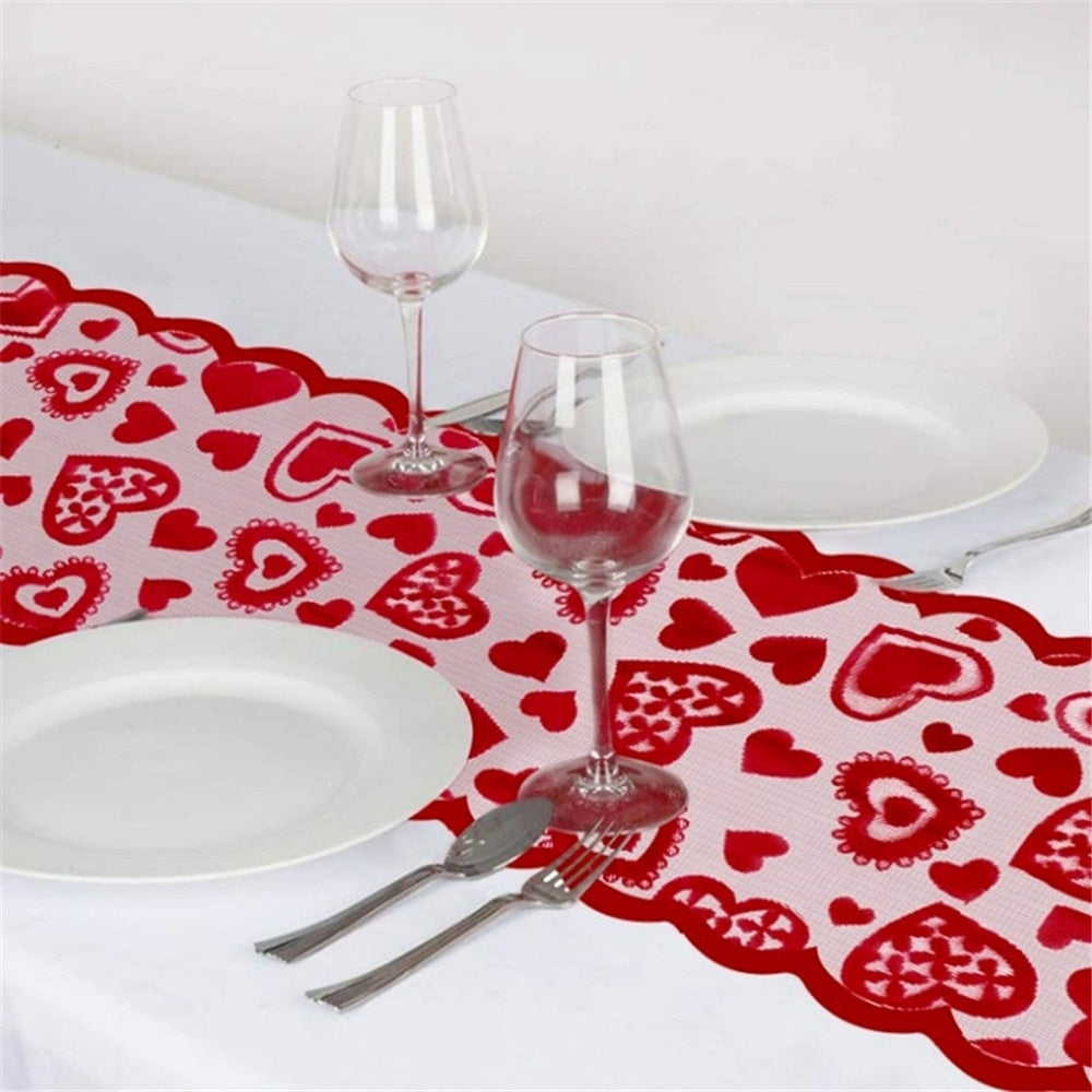 Qfdian Cupid Love Red Heart Lace Table Runner for Home Indoor Valentine's Day Table Decorations Valentine's Day Party Supplies