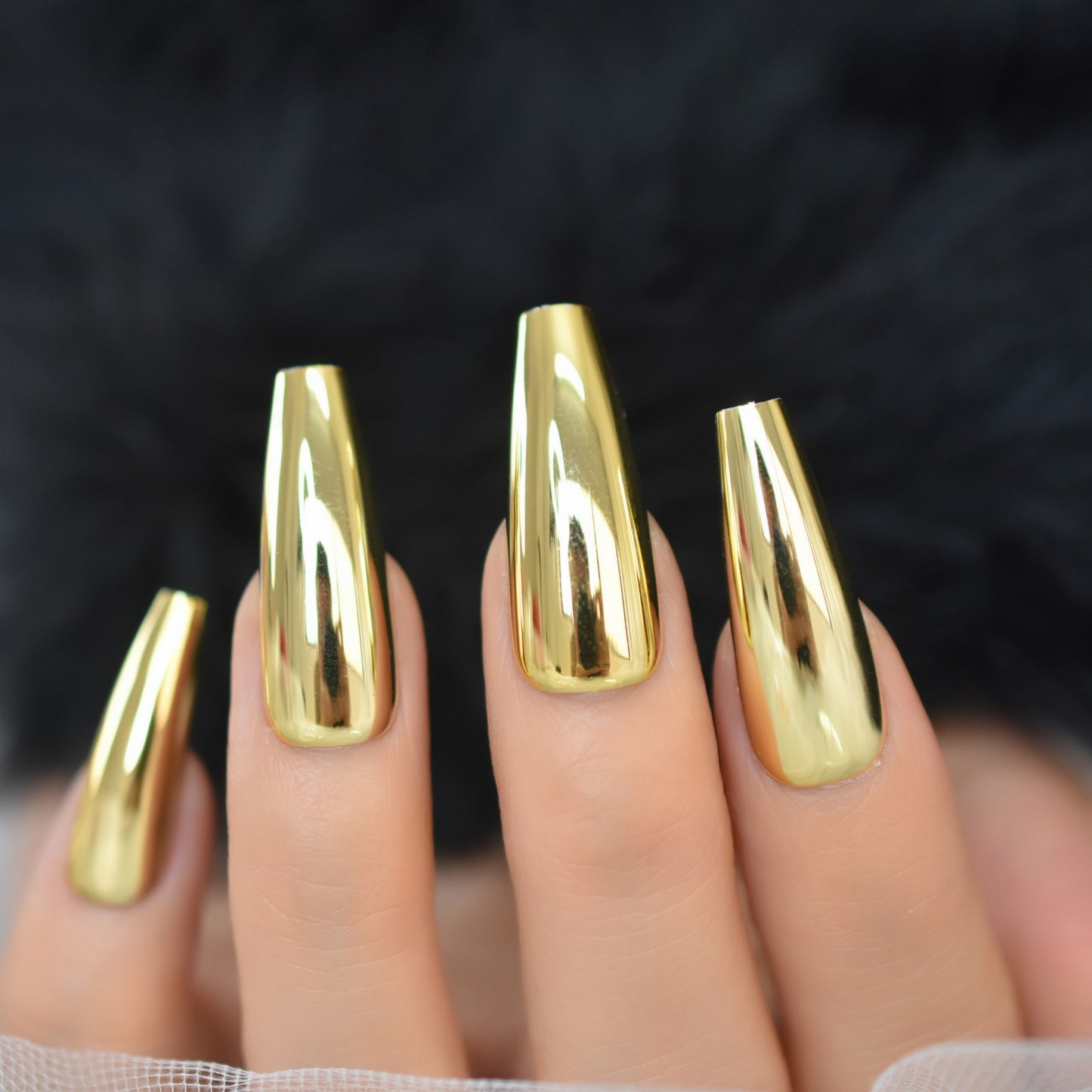 QFDIAN Metallic Coffin Nail Tips False Nails Long Ballerina Gold Mirror Fake Nails Press On Full Set For Fingernail Decorations