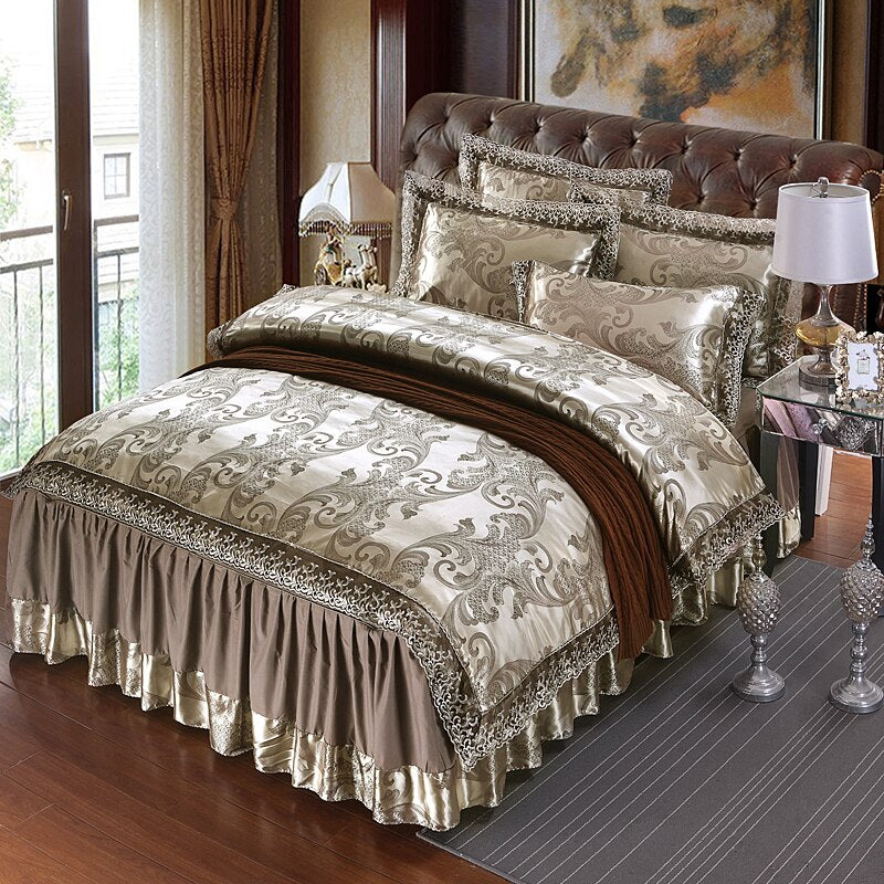 Qfdian Cozy apartment aesthetic hot sale new Brown Lace Bed Skirt Design Bedding Sets King Queen Size Wedding Bed Set Jacquard Duvet Cover Bedlinen Bedspread Home Textile