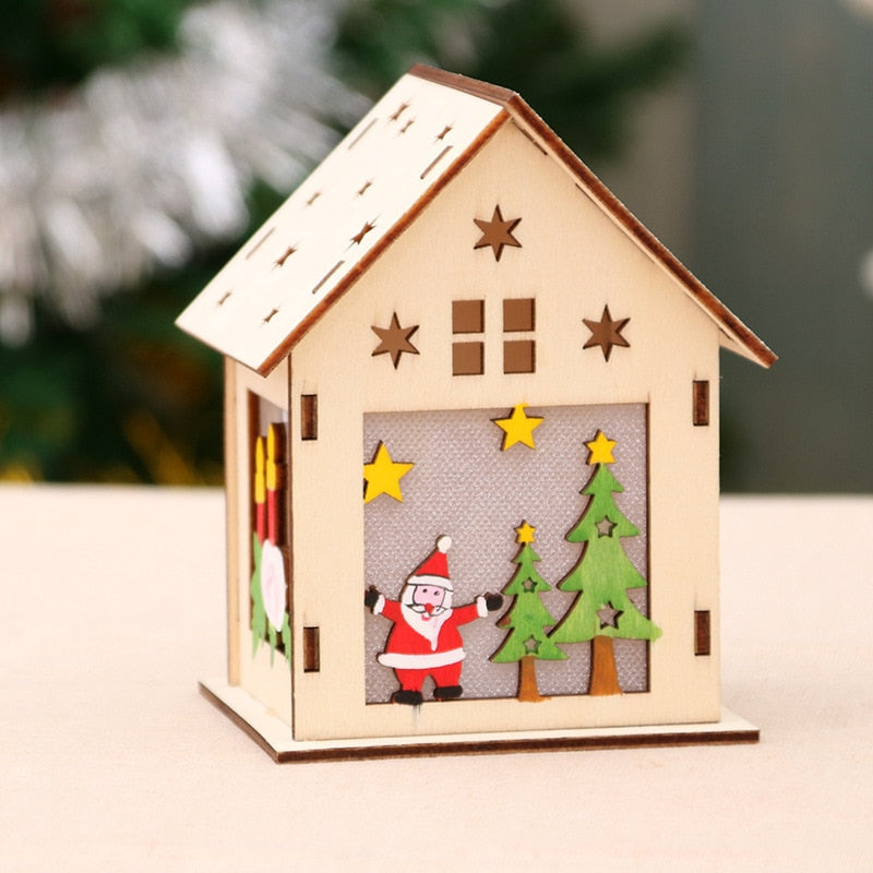 Qfdian halloween decorations christmas decorations Luminous Wooden House Snow House Christmas Tree Hanging Decor Noel Window Display Decor Xmas New Year Gift