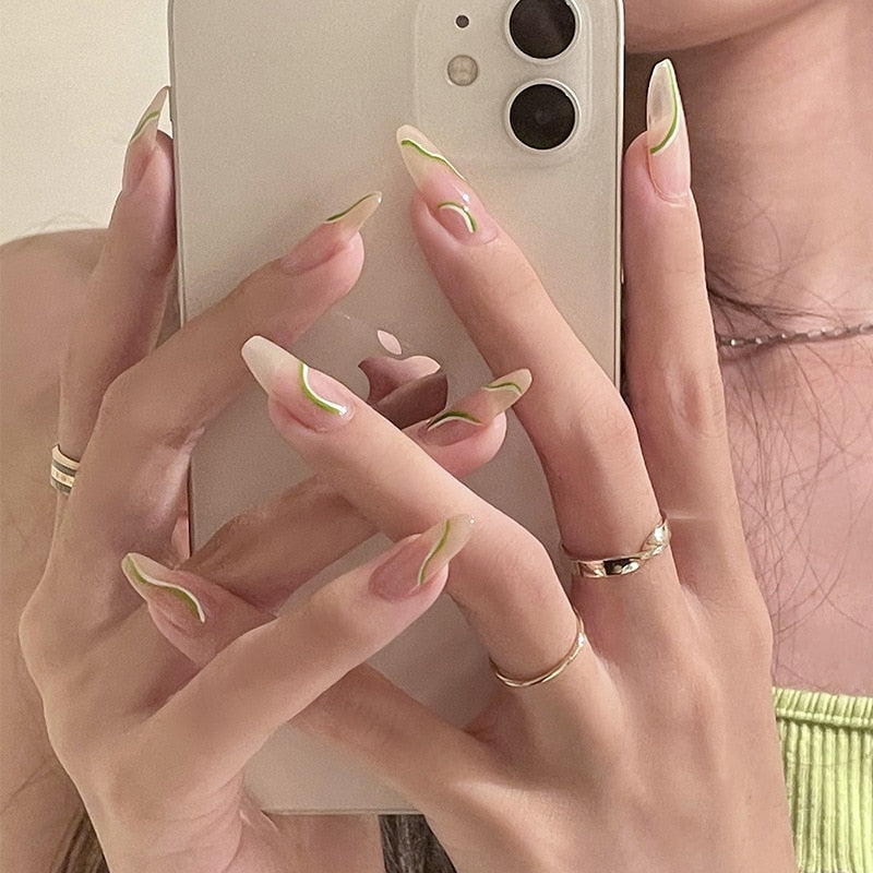 24pcs Green White Wavy Lines Detachable Long Ballerina False Nails with Design Wearable Fake Nails Full Cover Nail Tips