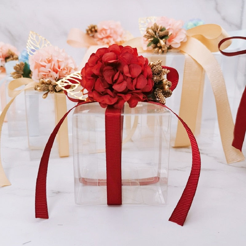 Qfdian Party decoration 50Pcs/lot Candy Boxes PVC Transparent Wedding Favors and Gifts Box Square Flower Ribbon Romantic Packaging Box Party Gift Bag