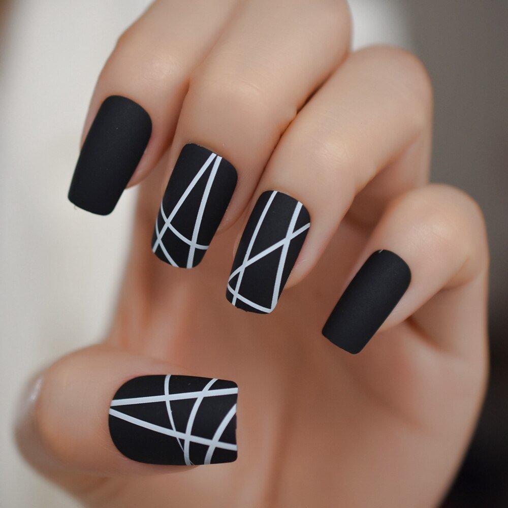 QFDIAN Matt Black Fake Nails Visible Trails of Planets Faux Ongle Square Press On Finger Manicure with Adhesive Tabs 24