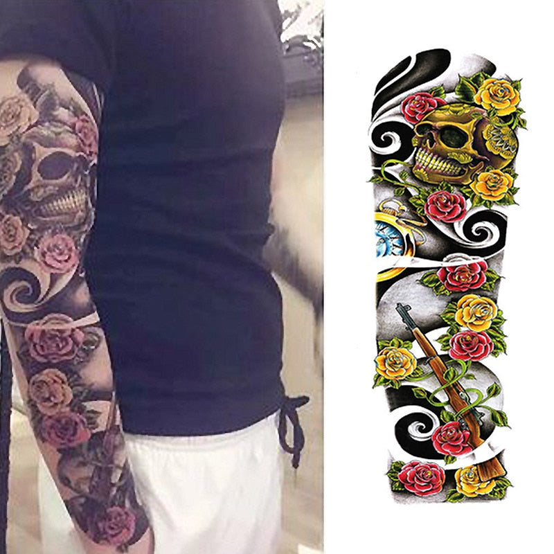 Qfdian gifts for women hot sale new Full Flower Arm Temporary Tattoo Sticker Rose Clock Body Art Water Transfer Fake Tatoo Sleeve For Men Women