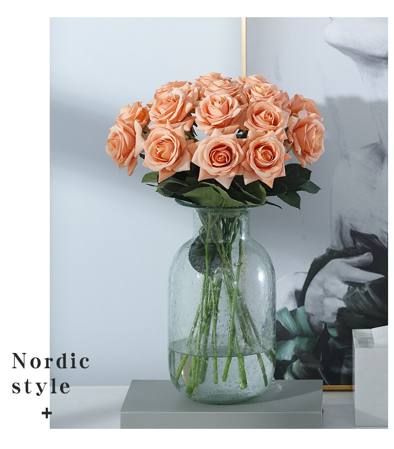 Qfdian valentines day gifts for her 10pcs/lot Single elegant single stem rose artificial flower rayon wedding wedding home accessories Valentine's Day gift flower