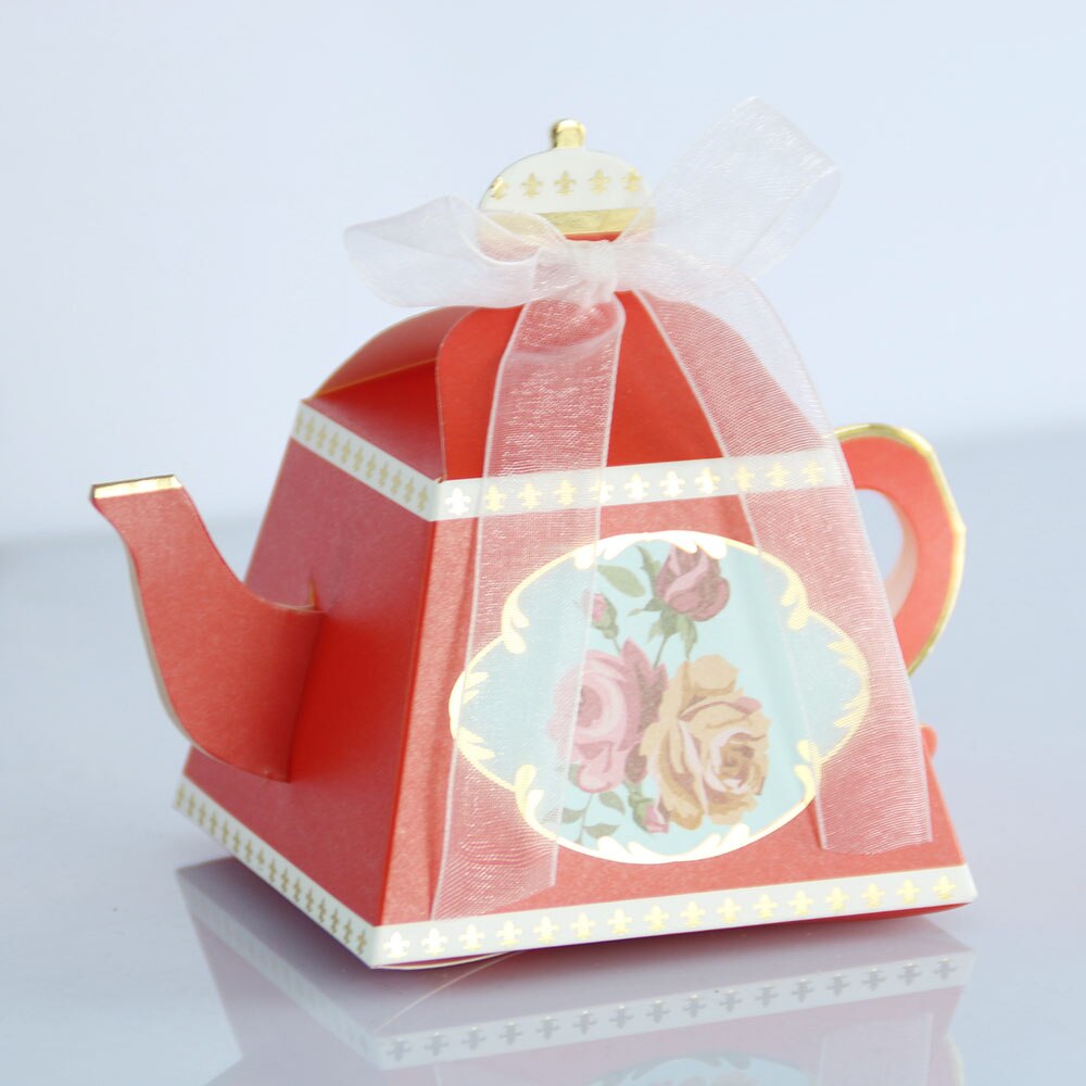 Qfdian Party decoration 10pcs Pink Blue Red Teapot shaped Wedding Candy Box Flower Wedding Gift Packaging Box Teapot Favor Gift Box for Wedding Guest