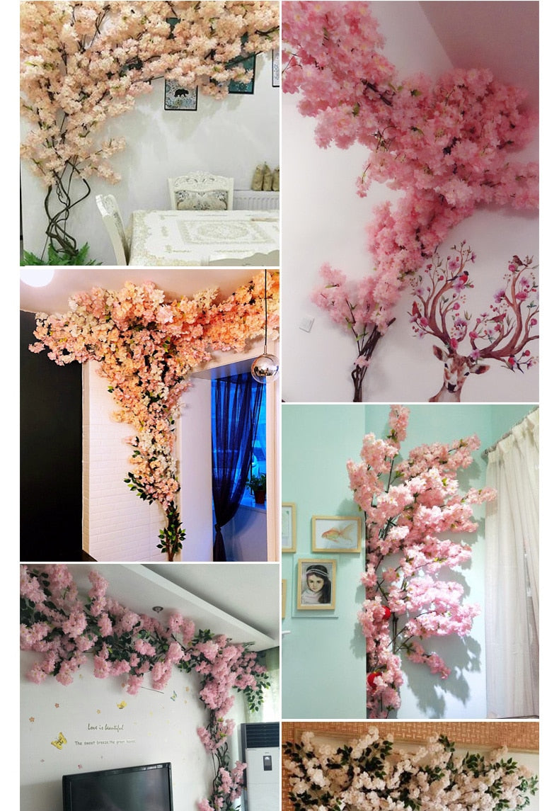 100cm Silk flowers Long-Peach Sakura Artificial flower Pink Wedding Decoration Cherry blossom branch for home Decor wedding Arch