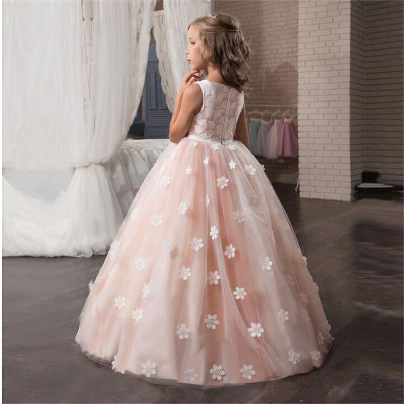 QFDIAN New Brand Flower Girls Dress Teenager Princess Wedding Party Kids Dresses for Girls Children Clothing 10 11 12 13 14 years