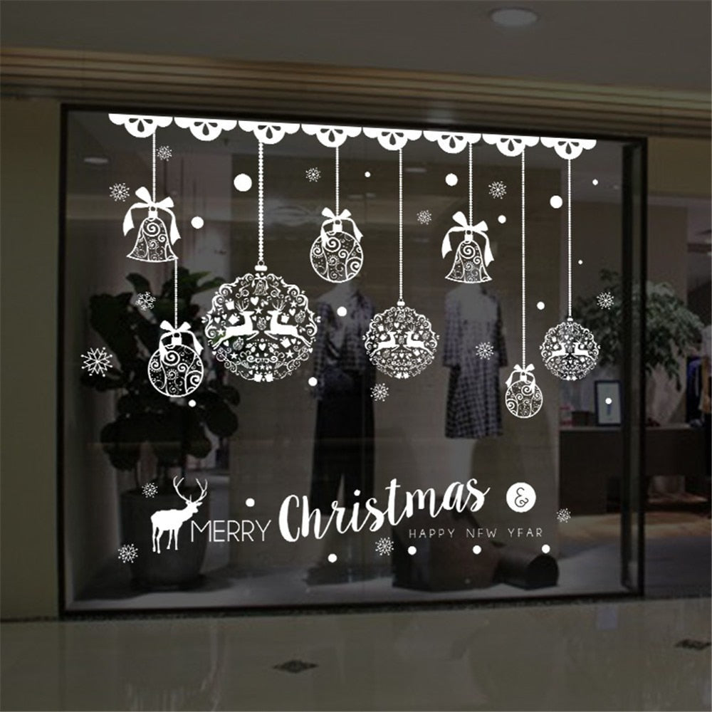 Qfdian Christmas Wall Sticker Home Decor Store Window Decoration Hanging Jingle Bell Snowflake Reindeer papel de parede